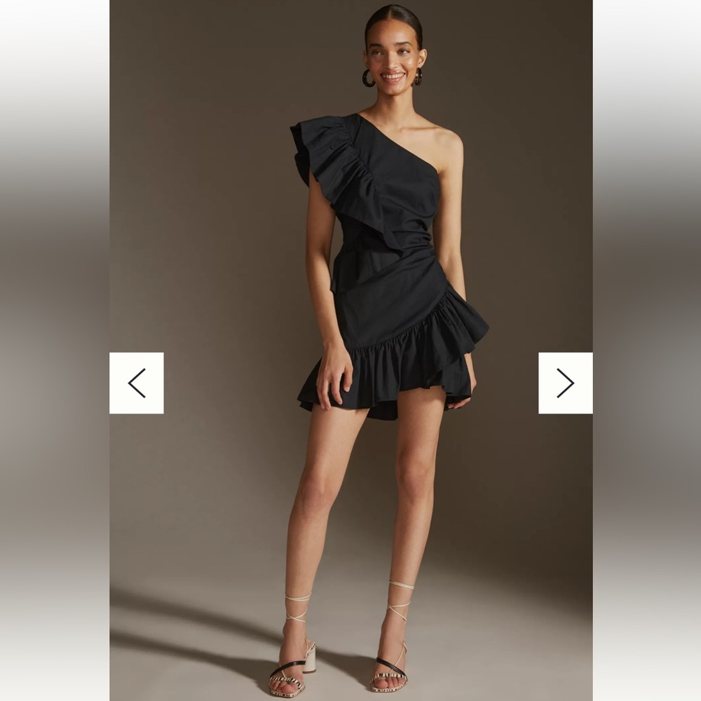 Anthropologie Black One-Shoulder Ruffle Mini Dress